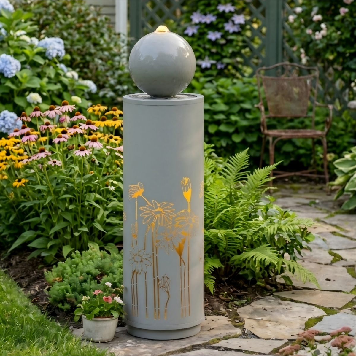 Metal Sphere Water Fountain Outdoor in garden setting