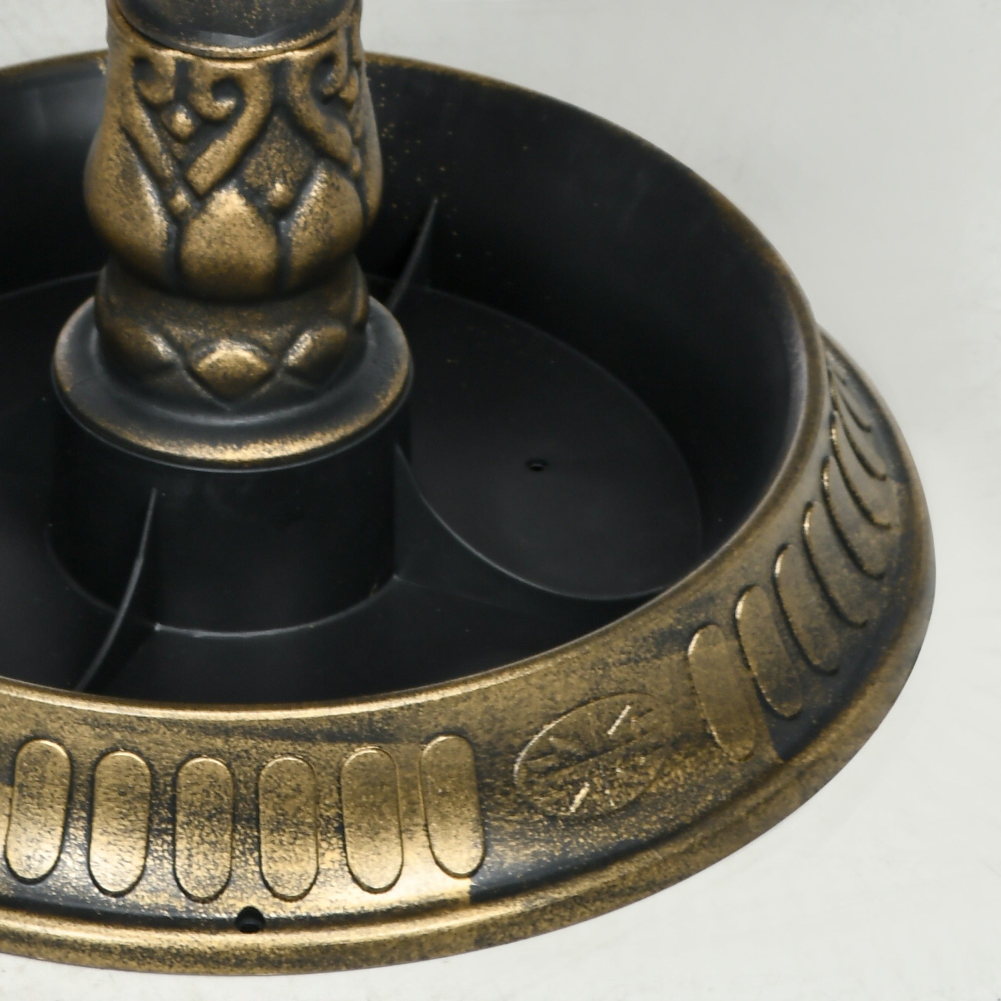 ground level seed and planter bowl at base of pedestal bird bath