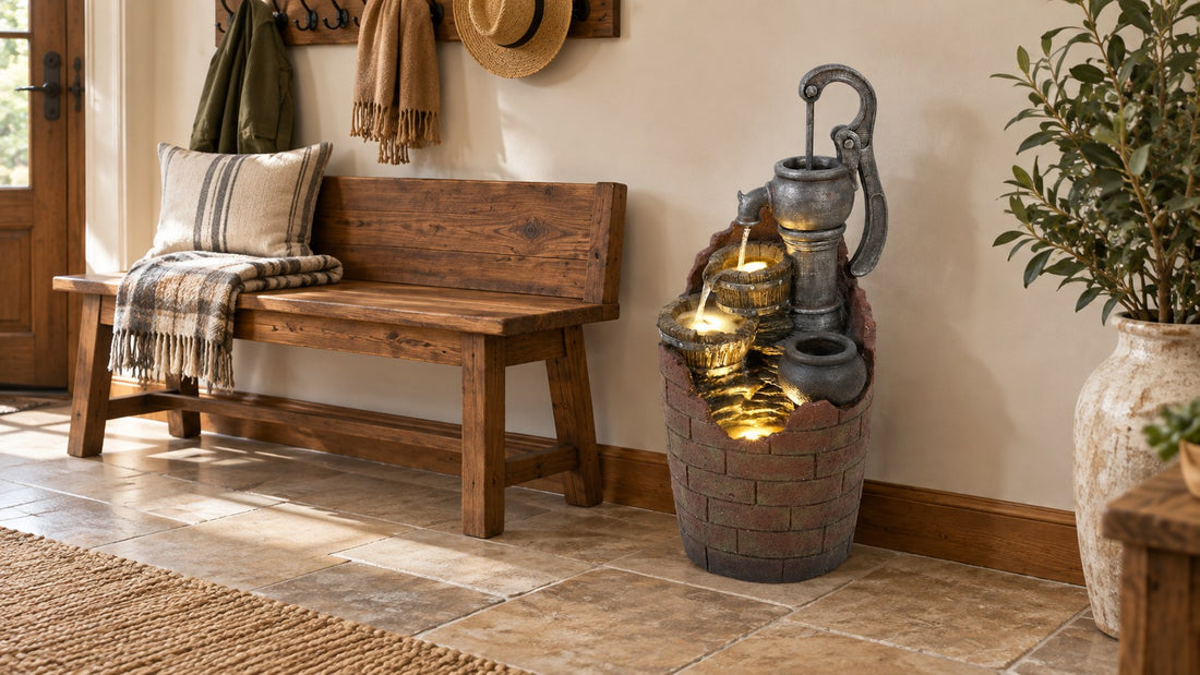 Hand pump and barrel fountain lit on the tiled floor of a country entry hall beside a wooden bench