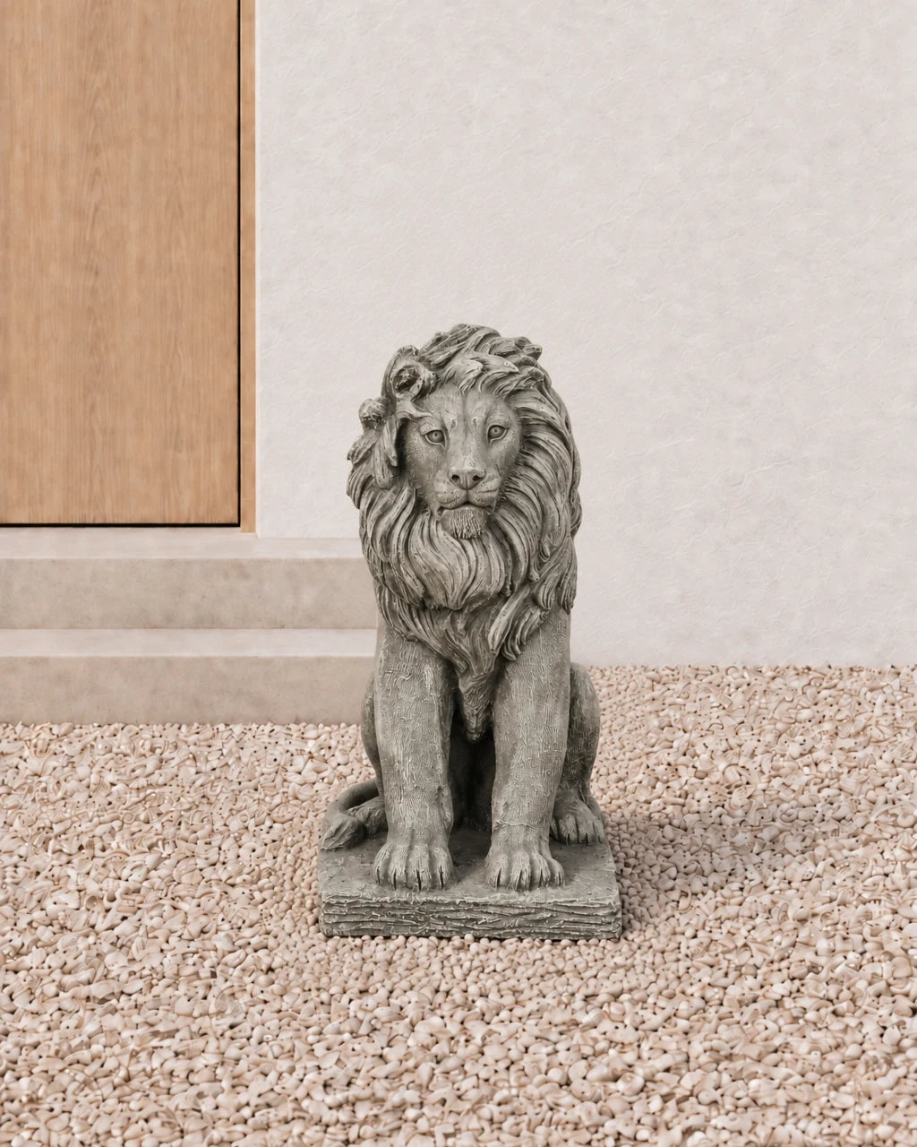Seated concrete guardian lion statue on gravel beside pale steps and an oak door