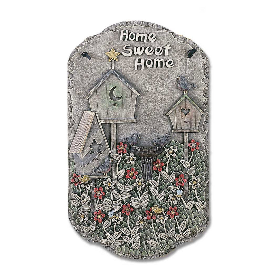 home sweet home slate look resin plaque with sculpted birdhouses songbird and hand-painted flowers