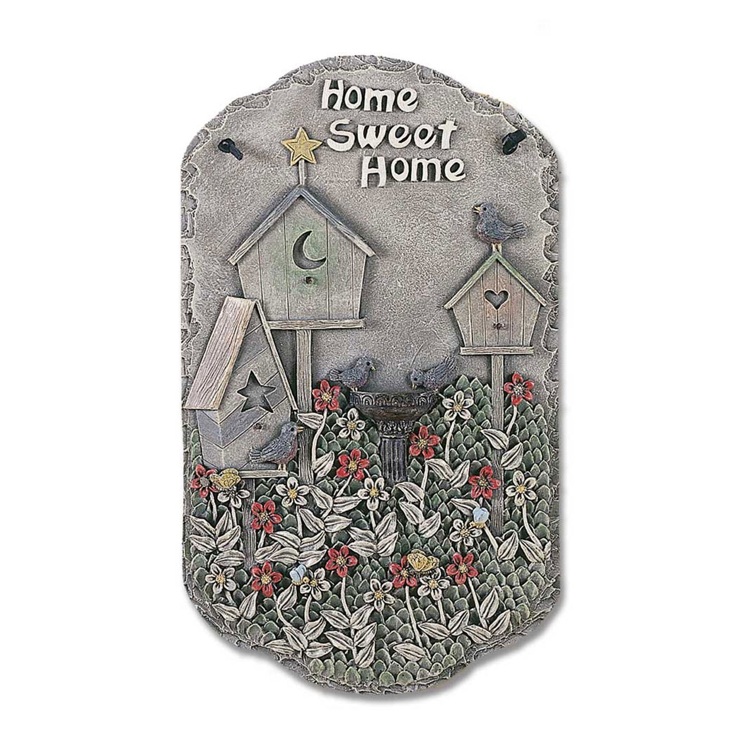 home sweet home slate look resin plaque with sculpted birdhouses songbird and hand-painted flowers