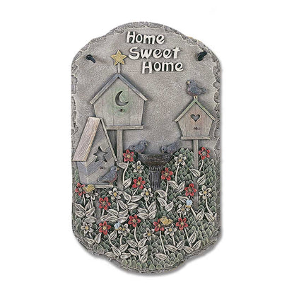home sweet home slate look resin plaque with sculpted birdhouses songbird and hand-painted flowers