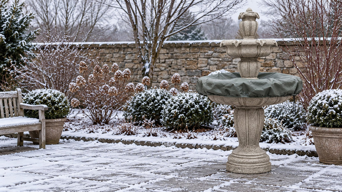 Concrete tiered fountain drained for winter with a cover over the basin in a snowy garden