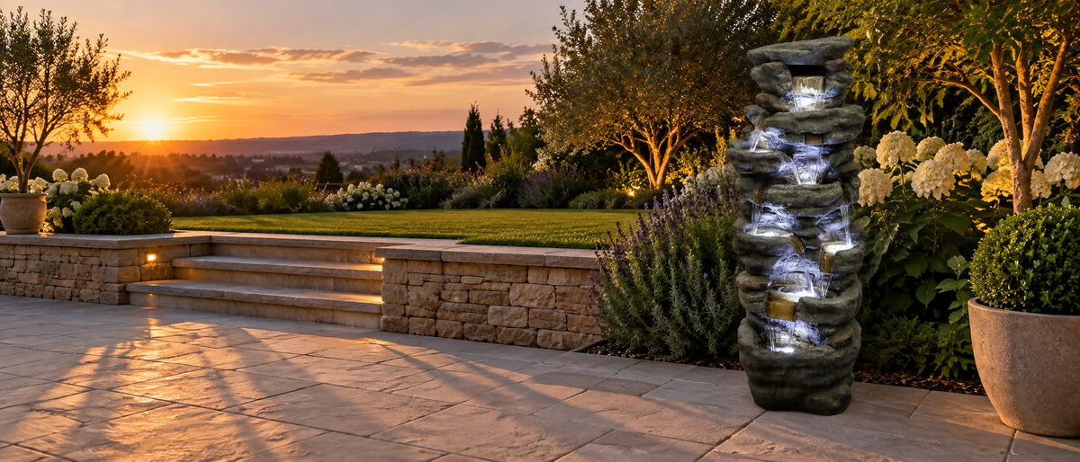 Lit rock pillar fountain on a stone terrace at sunset with steps and a low wall alongside