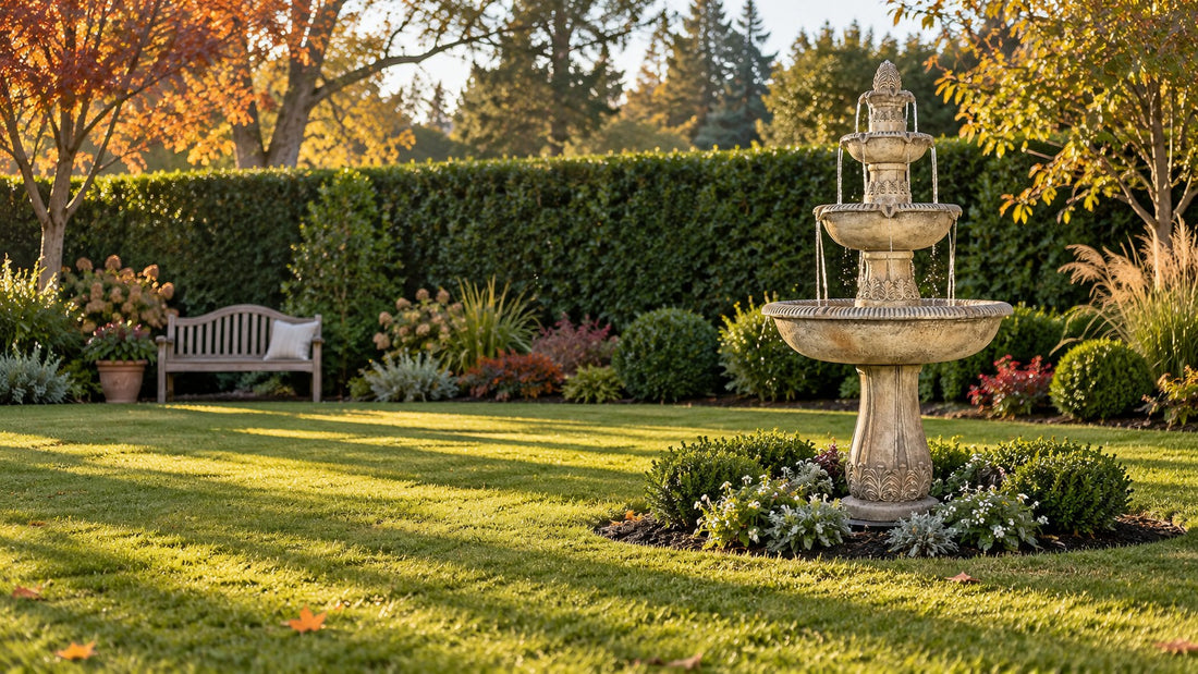 Three tier concrete fountain running on a lawn beside a garden bench in late afternoon light