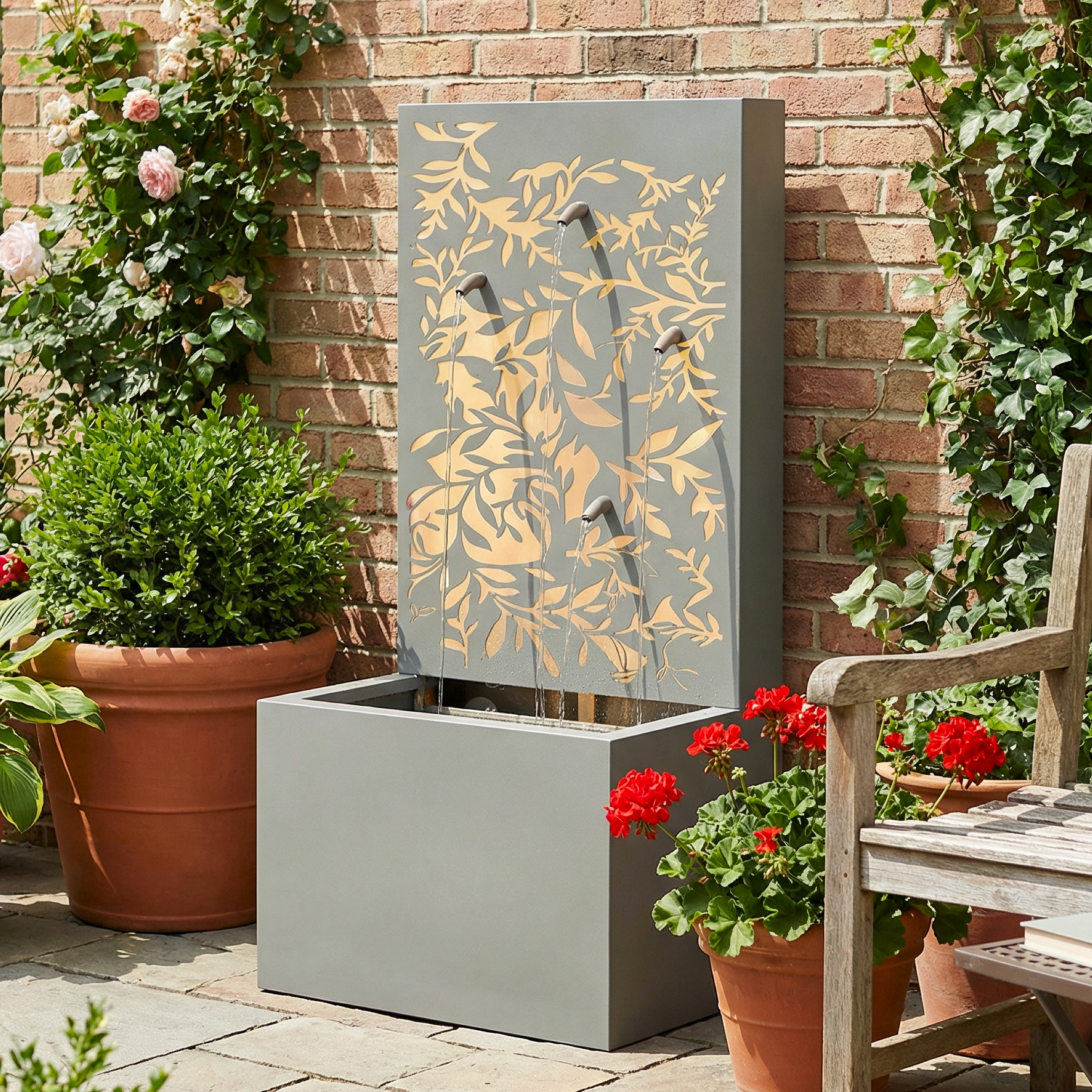 leaf wall cascade fountain surrounded by garden greenery and potted flowers