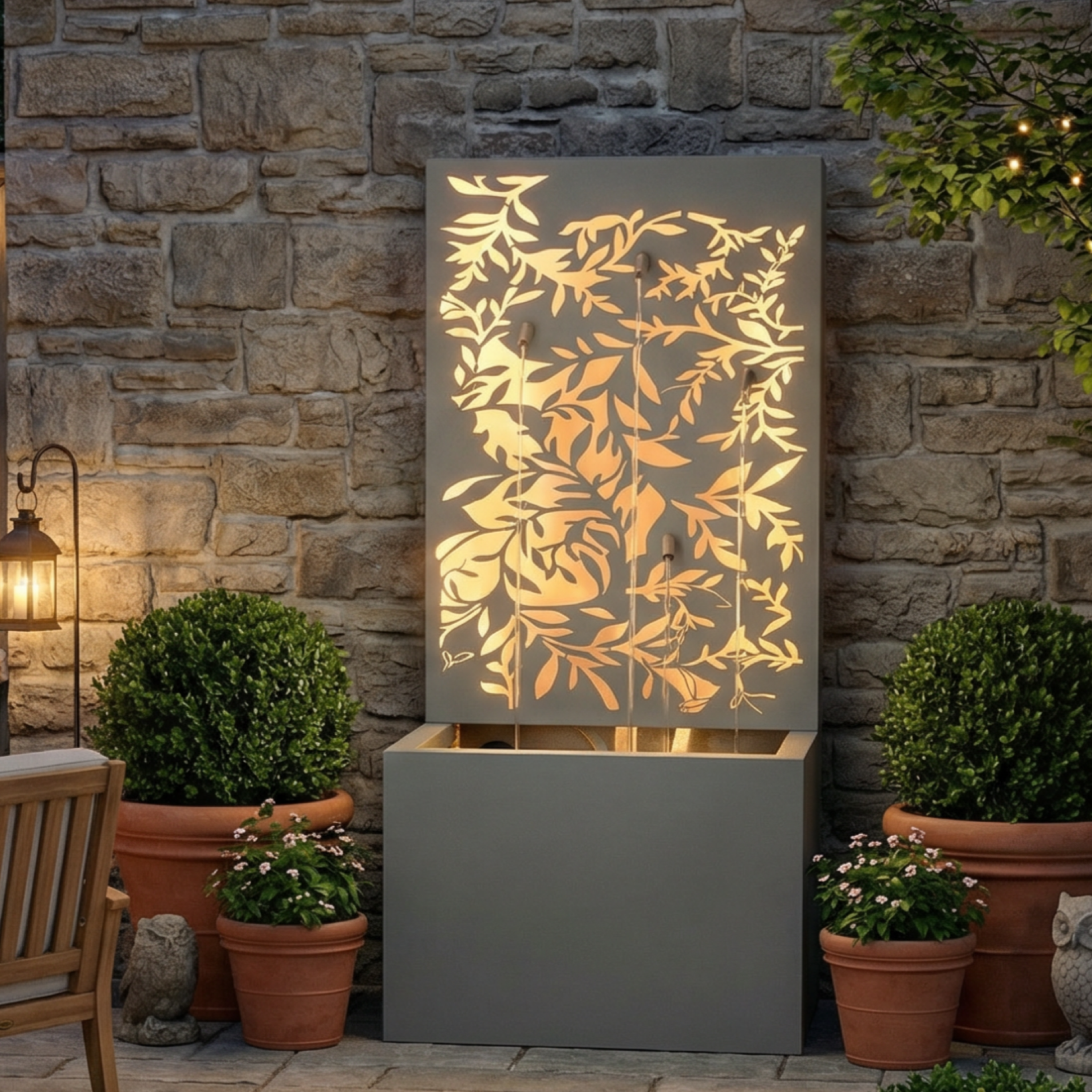 leaf wall cascade fountain glowing warm at night against brick wall
