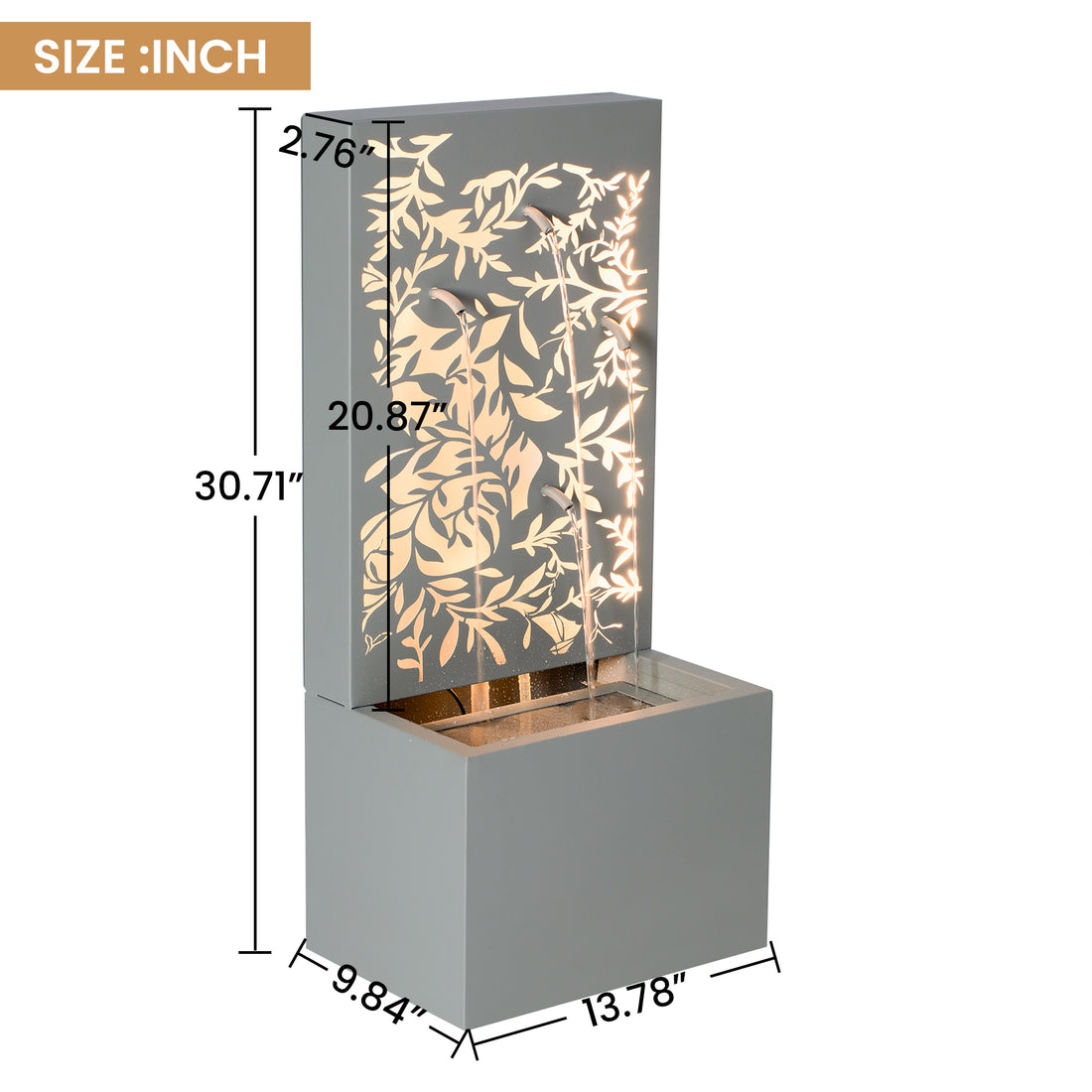 Metal Wall Fountain Outdoor Cut Leaf Panel Backlit dimensions and size