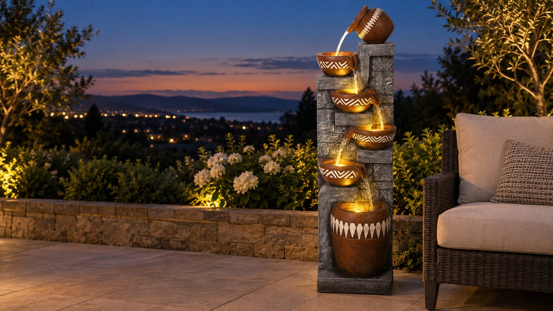 Tiered pot fountain with warm lights glowing in each pot on a hillside patio at dusk