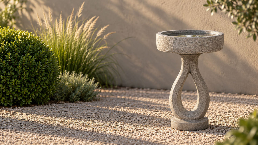 Concrete bird bath with an open loop base on gravel beside a clipped boxwood, long shadows on a plain rendered wall