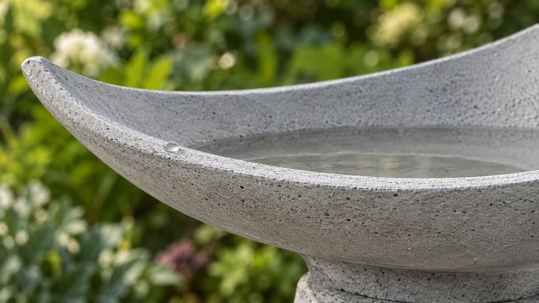 Close view of the matte concrete rim of a bird bath with one bead of water resting on the edge