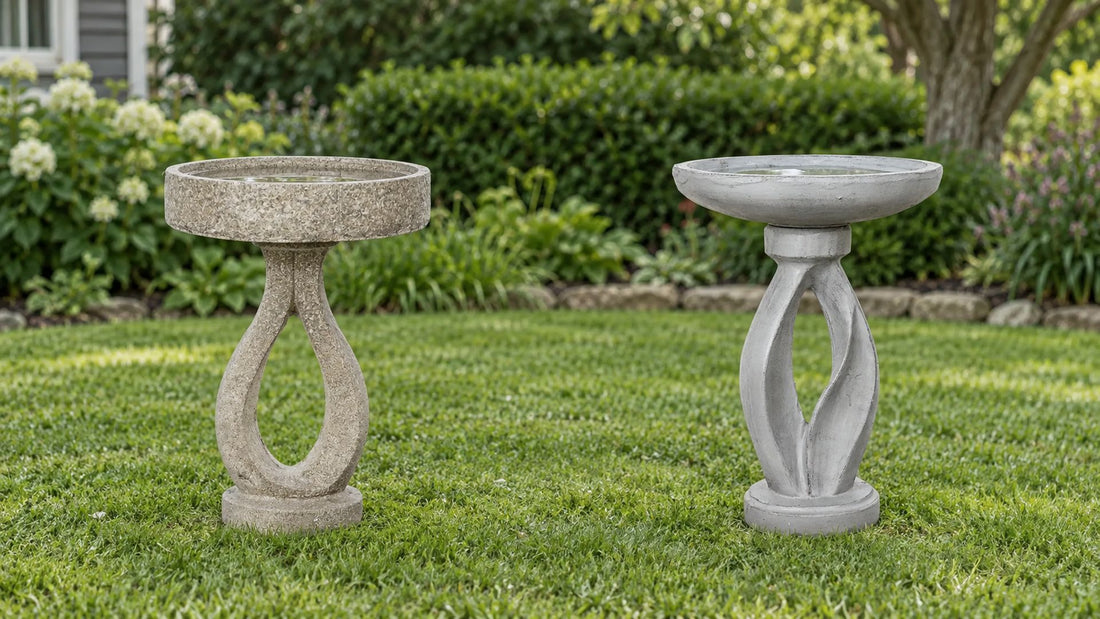 Two concrete bird baths side by side on a lawn, one with an open loop base and one with a twisted pedestal