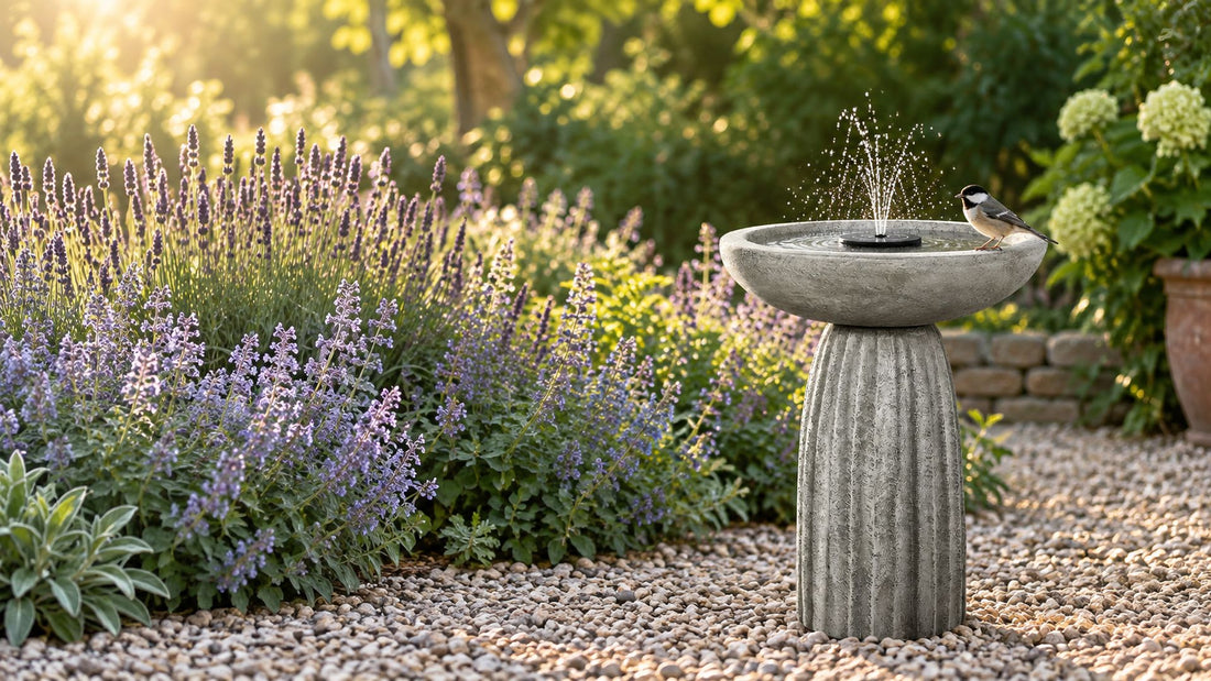 Concrete bird bath with a solar floating pump sending a low spray, chickadee on the rim, lavender and catmint beside it