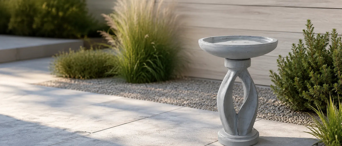 Pale grey bird bath with a curved open pedestal on a paved terrace beside gravel and ornamental grasses