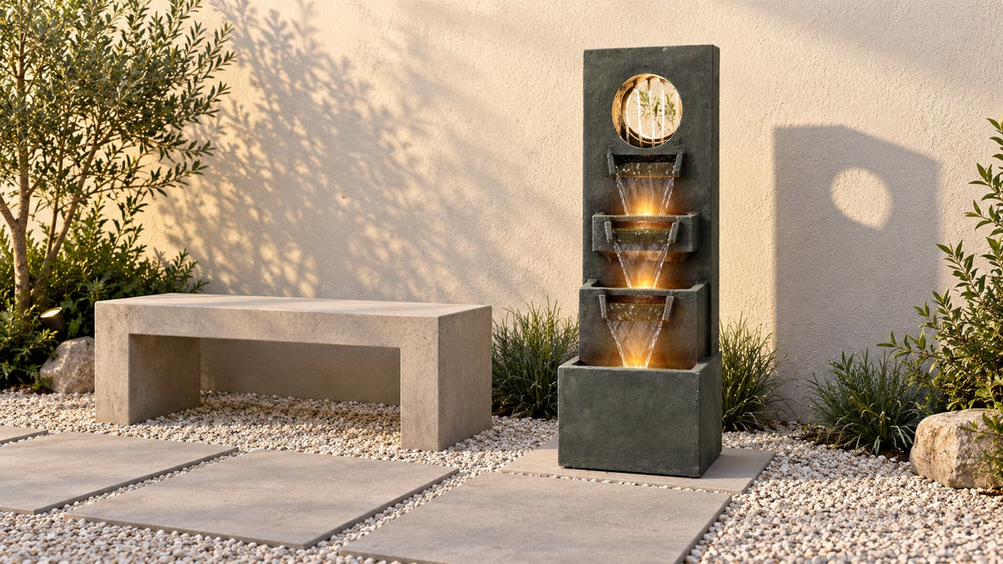 Modern slab fountain with a round cutout and three lit spill trays beside a concrete bench in a gravel courtyard