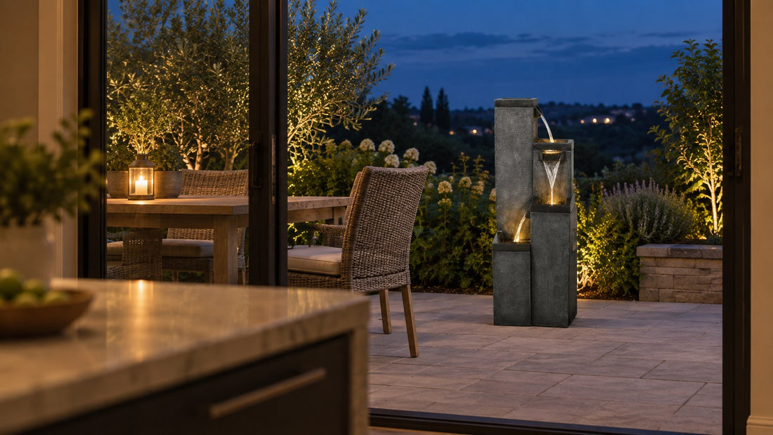Modern stepped pillar fountain lit at dusk on a patio, seen through a glass door from the kitchen