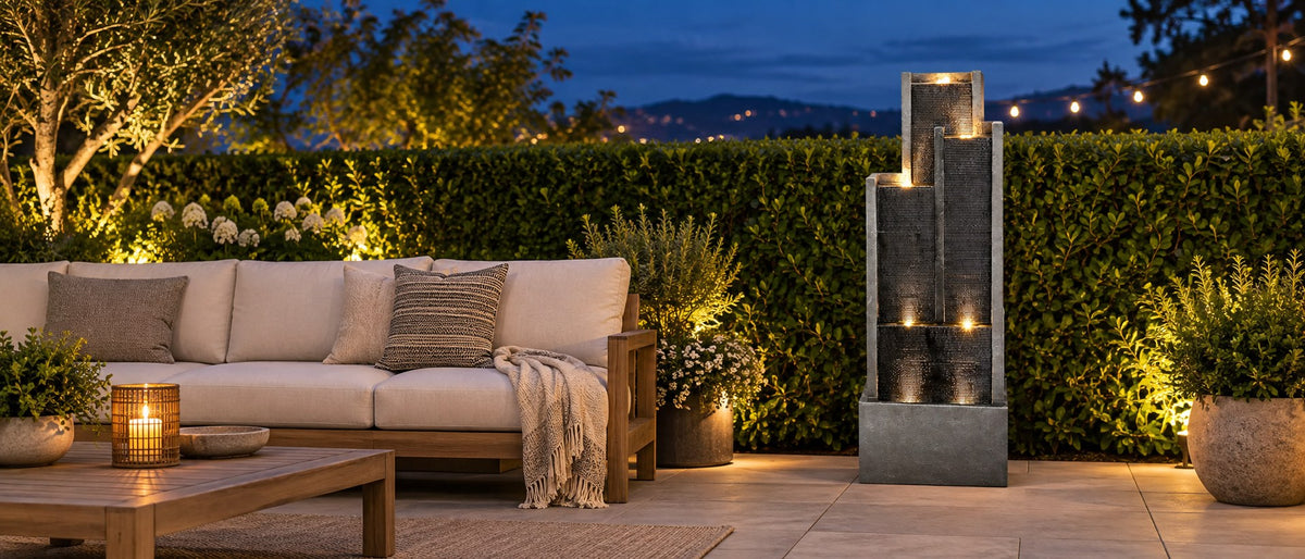 Modern three column slate fountain lit at dusk on a patio beside an outdoor sofa