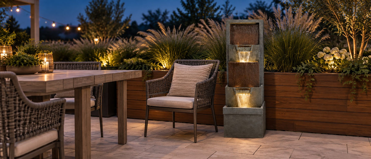Modern waterfall fountain lit at dusk on a patio beside an outdoor dining table and chairs