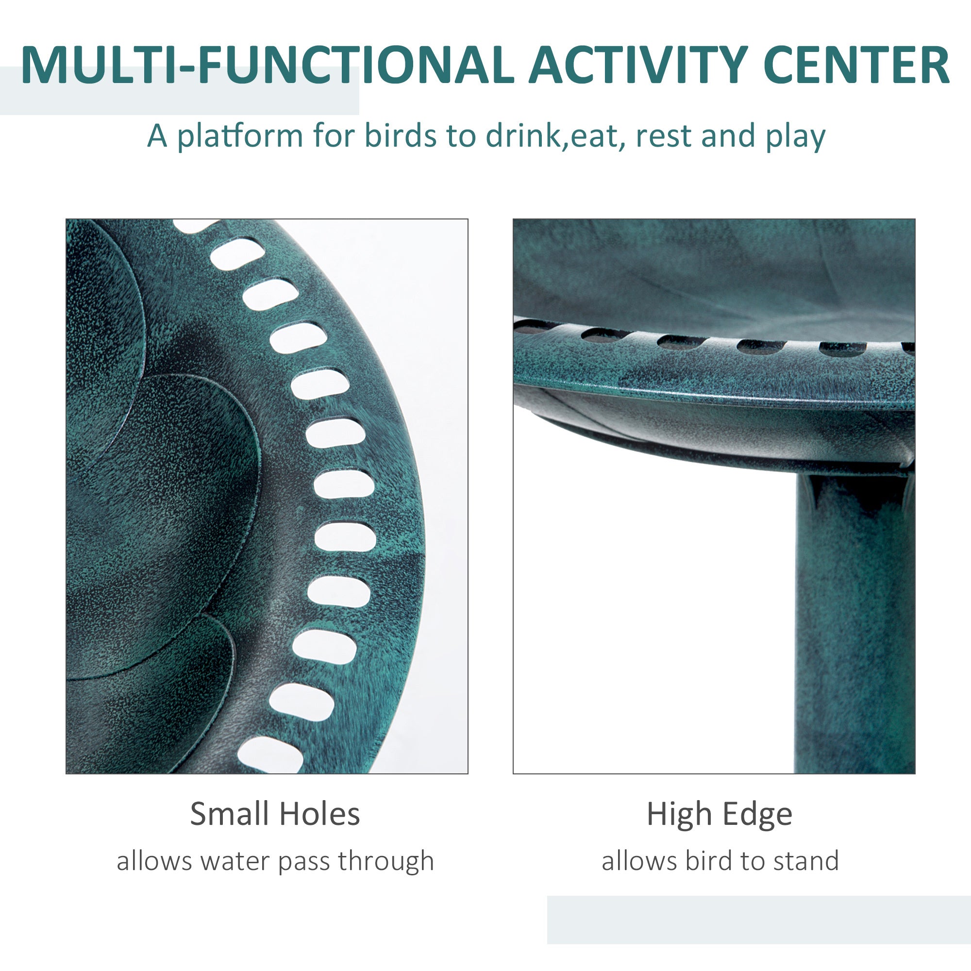 multi-functional verdigris bird bath activity center for birds to drink and bathe