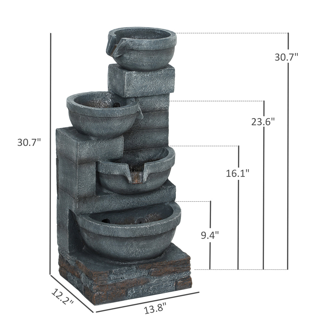 Resin Offset Bowl Cascading Outdoor Water Fountain with LED dimensions and size