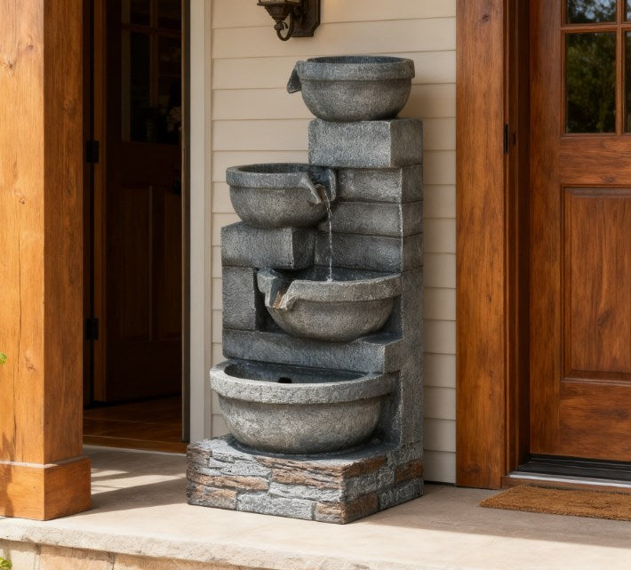 Resin Offset Bowl Cascading Outdoor Water Fountain on patio