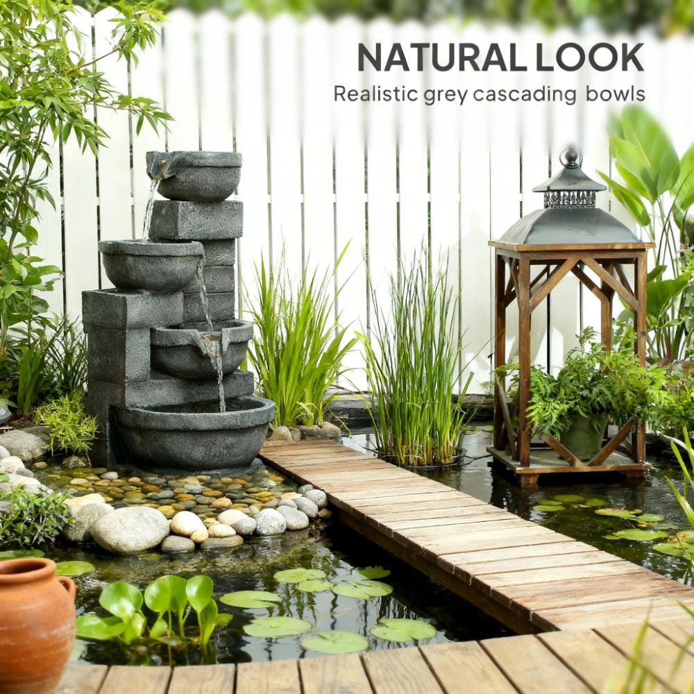 Resin Offset Bowl Cascading Outdoor Water Fountain LED lit at night
