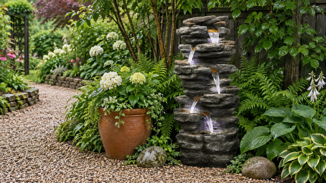Stacked rock fountain set in gravel with ferns and hostas at the turn of a garden path after rain