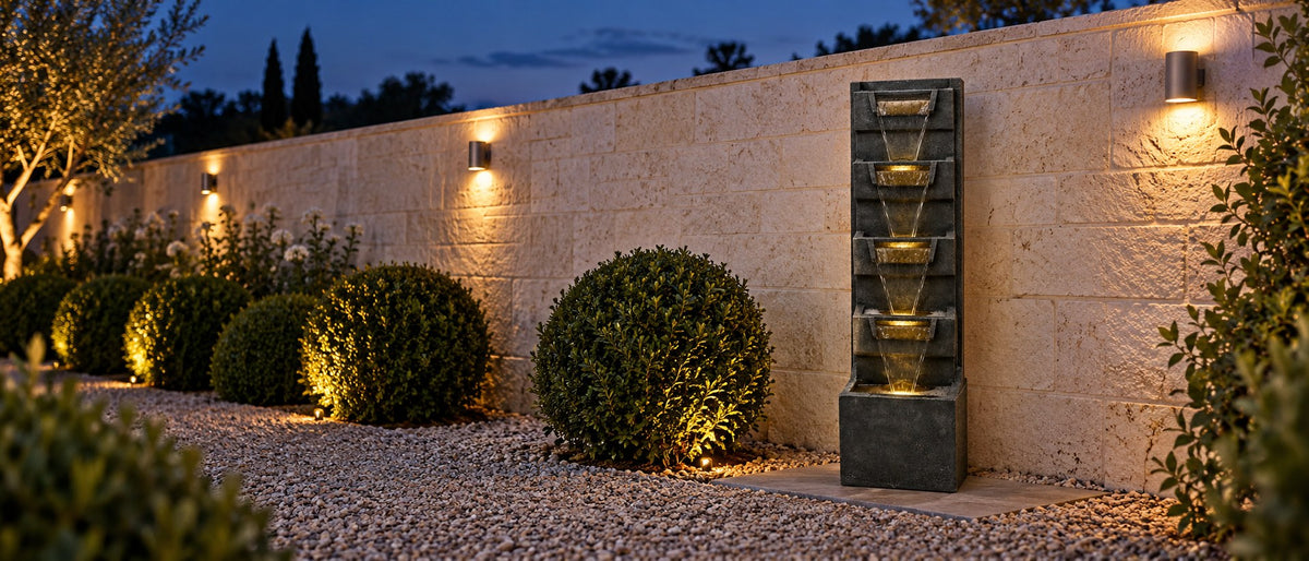 Tall tray wall fountain lit at dusk against a long limestone garden wall beside clipped shrubs