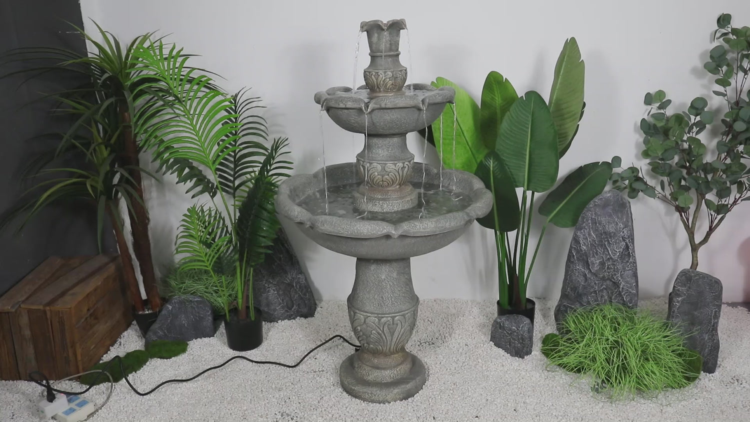 Video demonstration showing the soothing cascading water flow of the 2-tier concrete fountain.