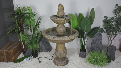 Video showcase of the 47.2-inch Italian 2-tier standing fountain featuring the budding lotus top and its soothing cascading water flow.