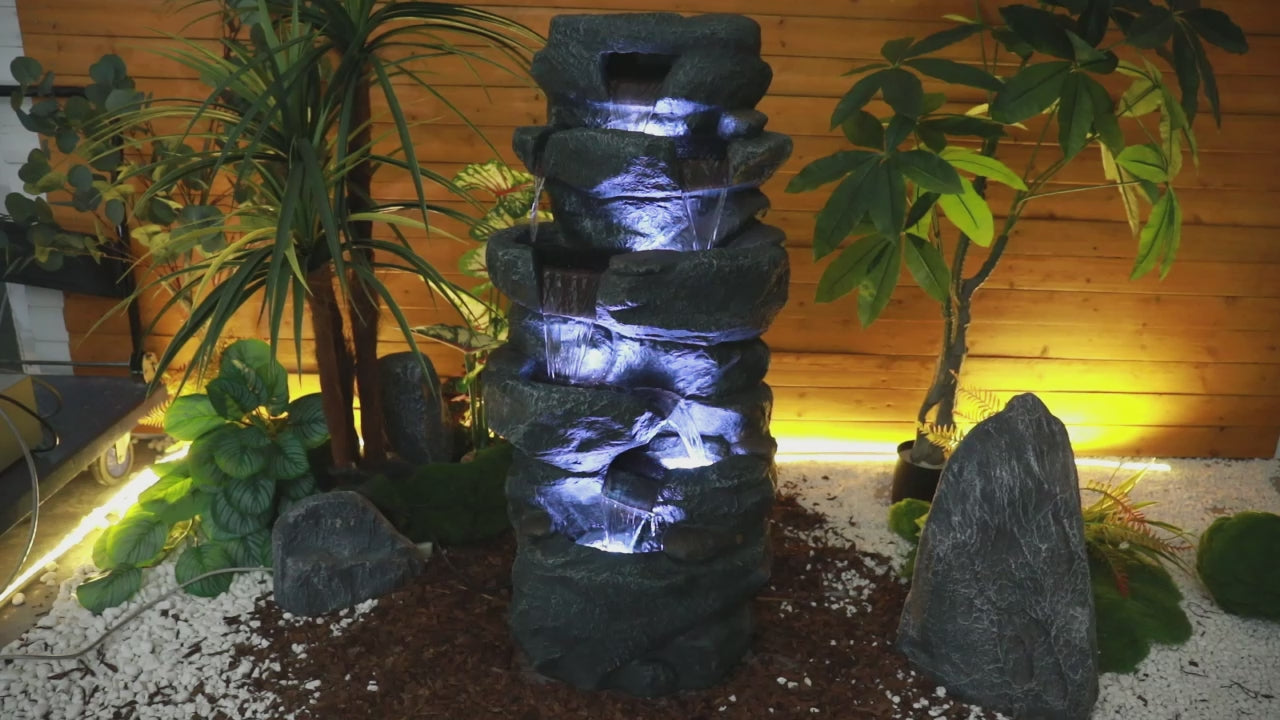Video showing the soothing cascading water flow and cold LED lighting of the 40.5" classical fountain.