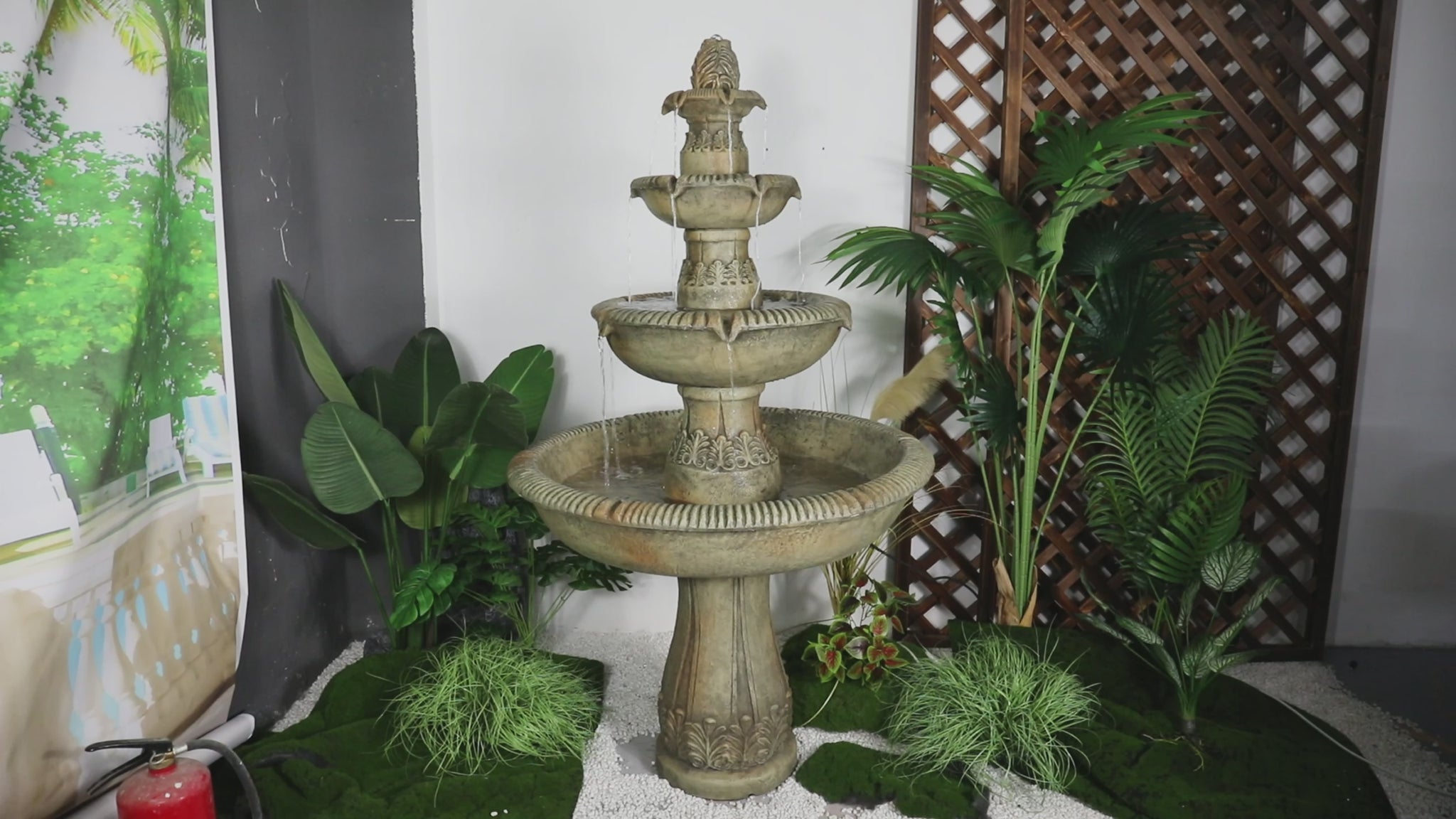 Video showing the powerful and rhythmic cascading water flow of the 63-inch 3-tier GFRC fountain.