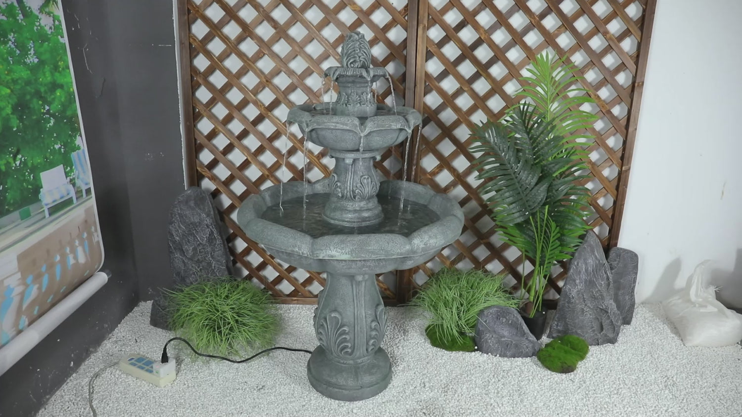 Video showcasing the soothing water flow and intricate design of the 48"H elegant outdoor fountain.