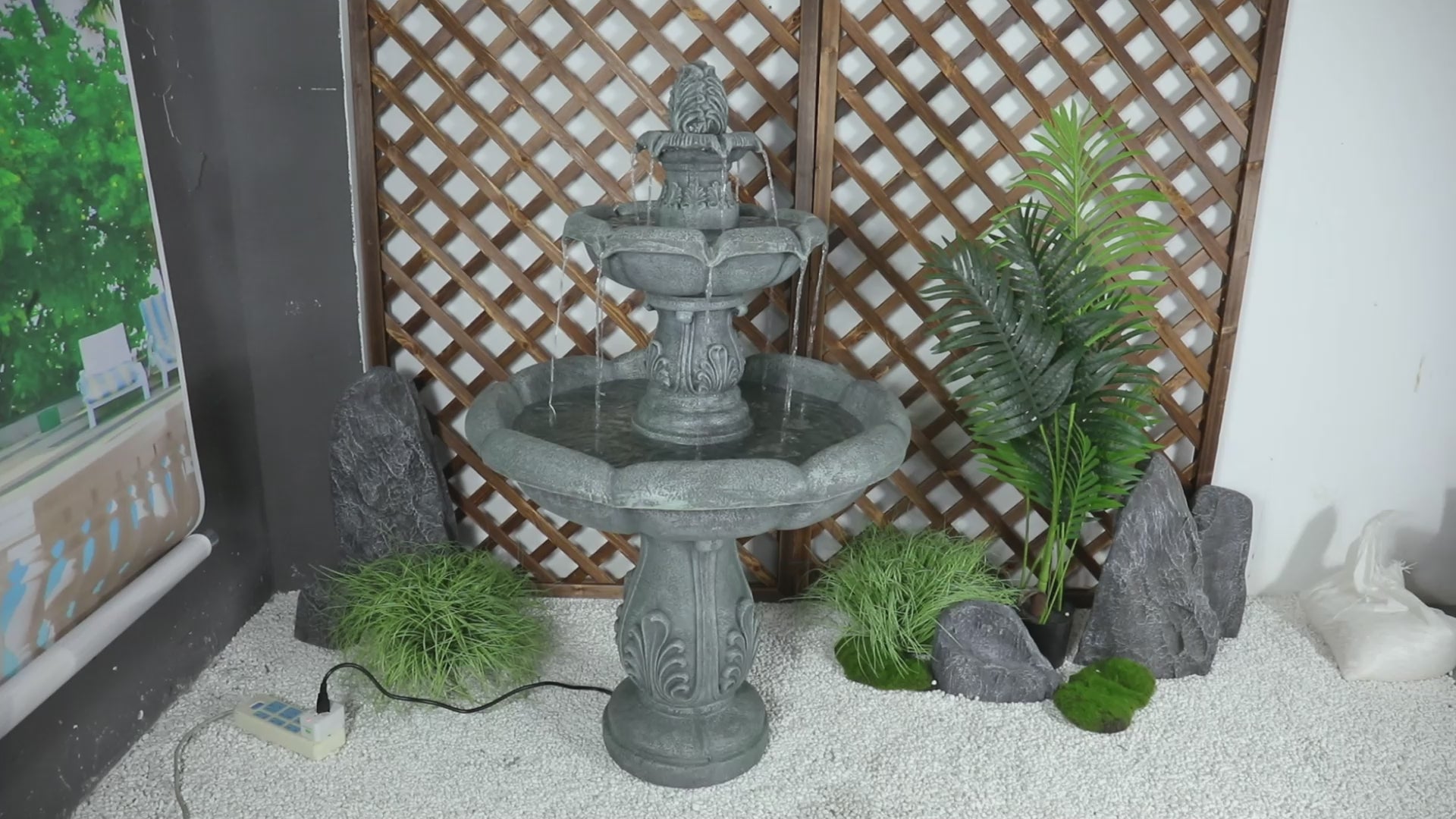 Video showcasing the soothing water flow and intricate design of the 48"H elegant outdoor fountain.