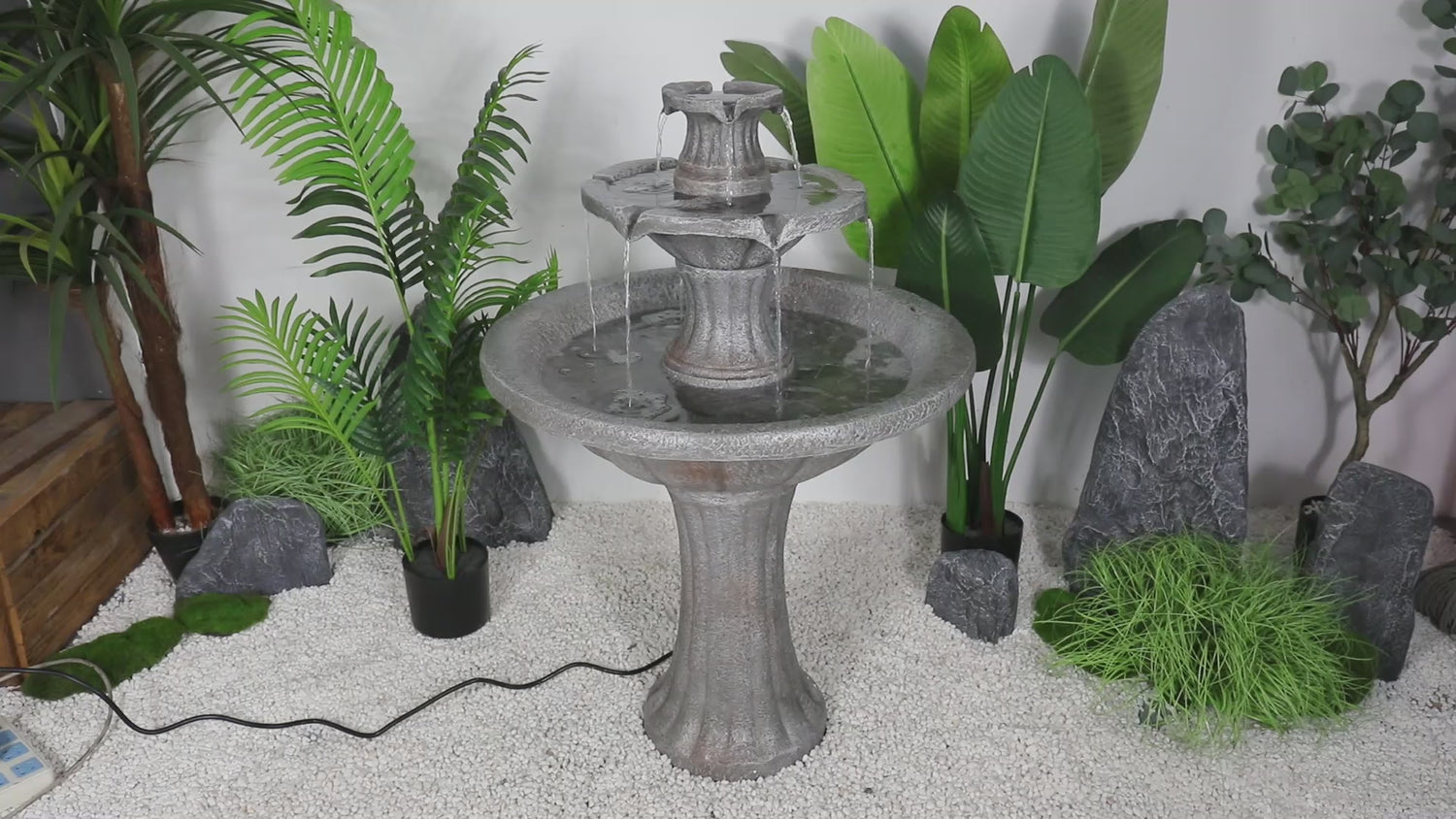 Video demonstration showcasing the tranquil cascading water flow of the 2-tier Dark Castle marble finish fountain.