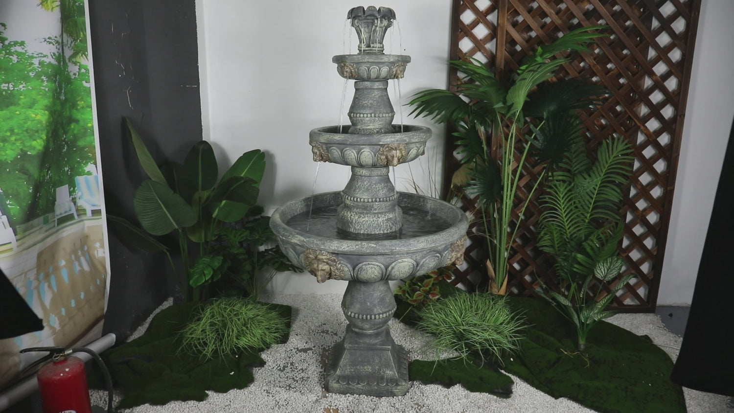 Video showing the powerful and rhythmic cascading water flow of the 59.5-inch GFRC fountain.