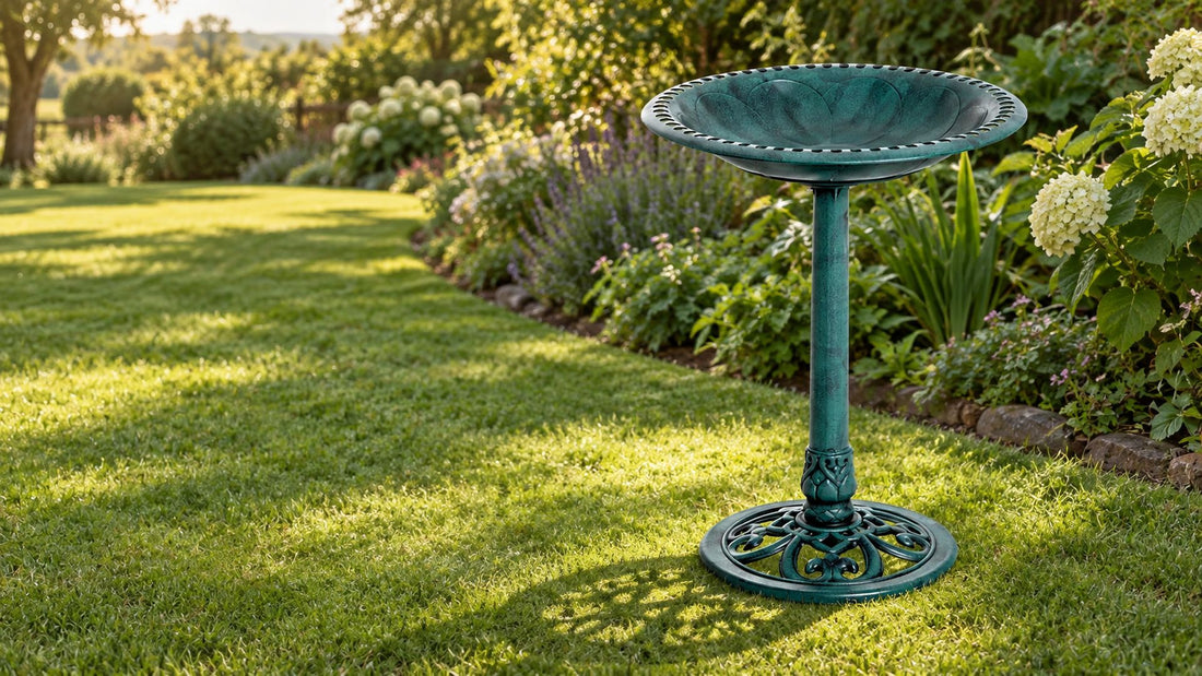 Green verdigris resin bird bath on a lawn beside a border of lavender and hydrangea, the pierced base casting a shadow