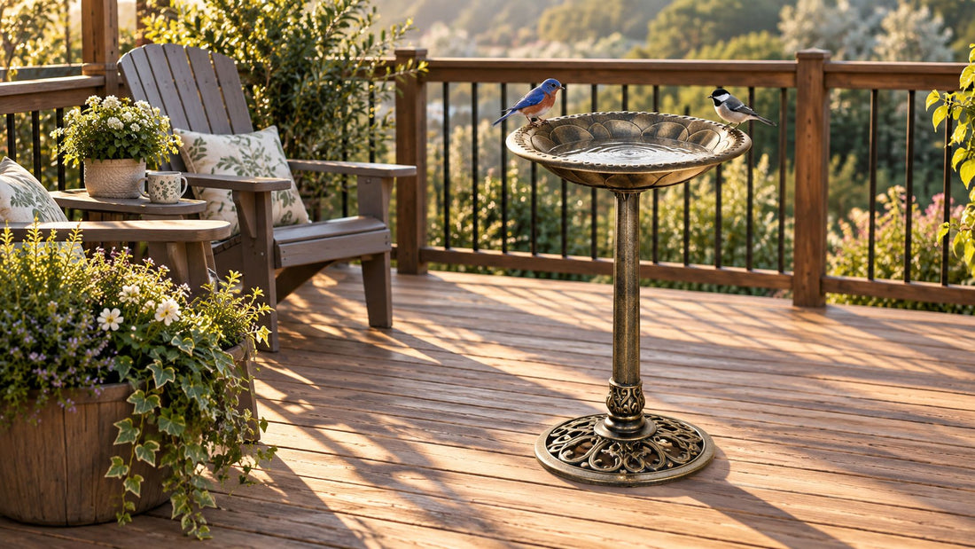 Antique bronze resin bird bath on a timber deck with a wooden chair and potted plants, a bluebird and a chickadee on the rim