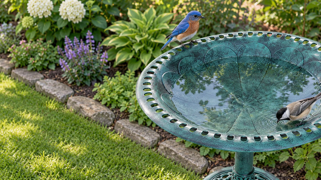 Close view into the shallow basin of a green verdigris bird bath, a bluebird on the rim and a chickadee drinking
