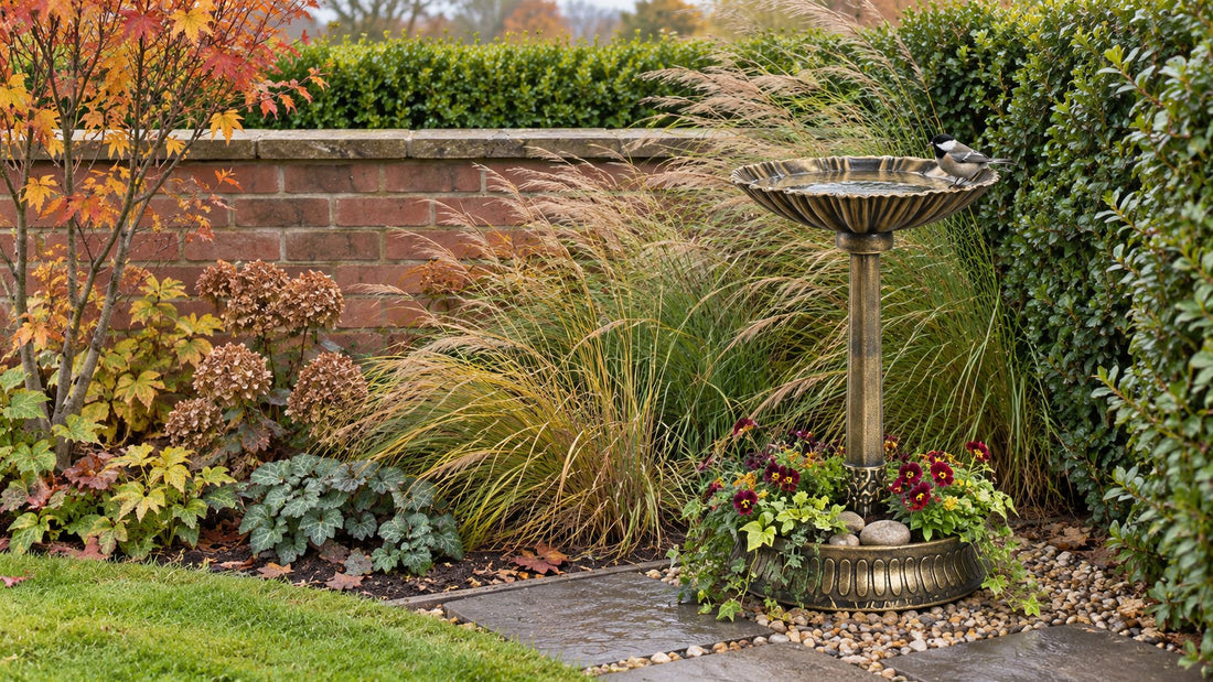 Bronze resin bird bath in a sheltered corner by a brick wall, stones weighting the planter base, grasses moving behind it