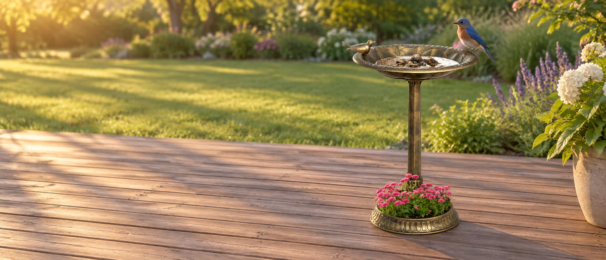 Antique bronze resin bird bath on a timber deck with pink flowers in the base and a bluebird on the rim, lawn beyond