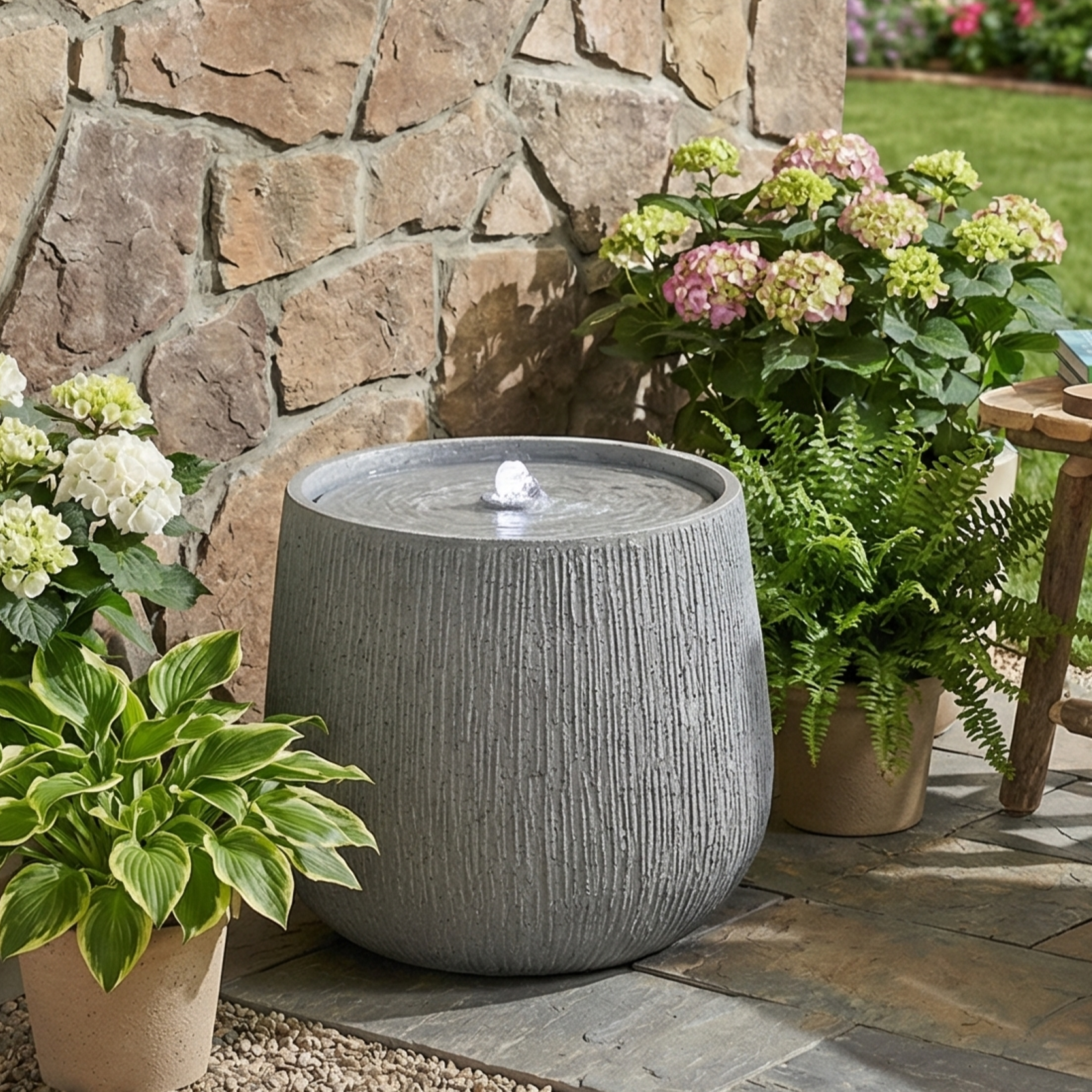 rippled basin bubbler fountain on a patio by a stone wall with hydrangeas