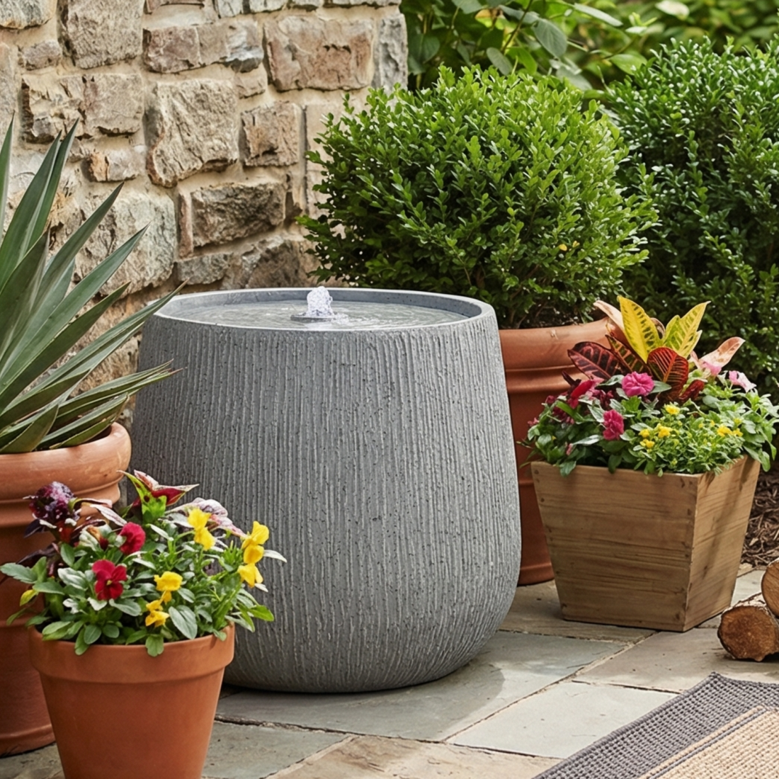 rippled basin bubbler fountain among terracotta flower pots