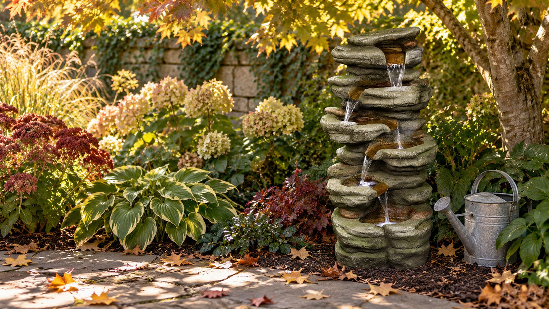 Rock fountain with clear water in an autumn garden bed under a maple, watering can beside it