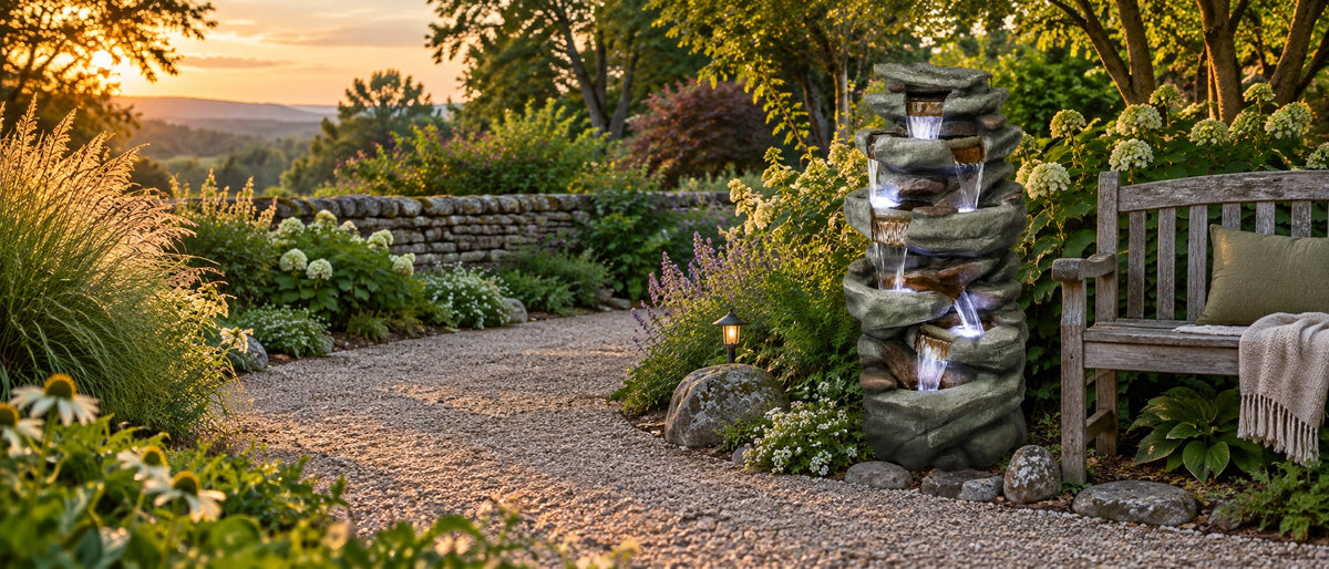 Lit rock garden fountain at the bend of a gravel path beside a weathered bench at sunset