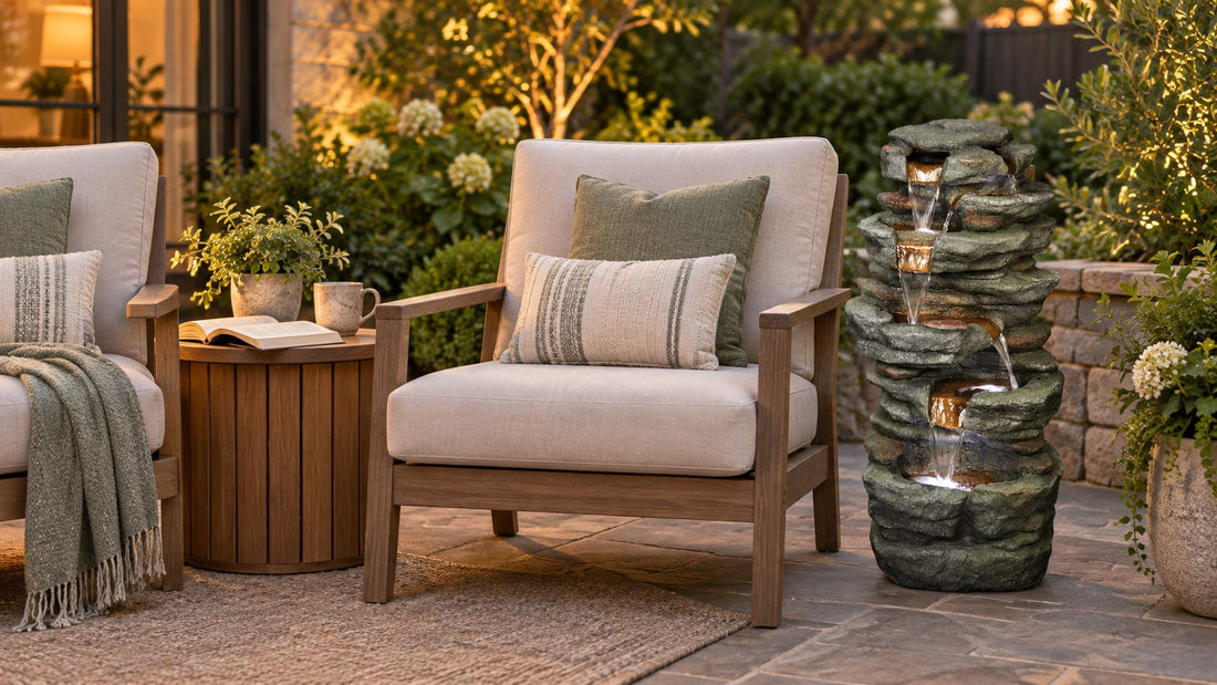 Stacked rock water fountain running beside two lounge chairs and a side table on a patio