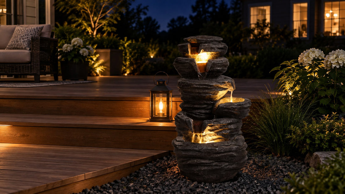 Dark rock waterfall fountain glowing at every ledge at night beside wooden deck steps and a lantern
