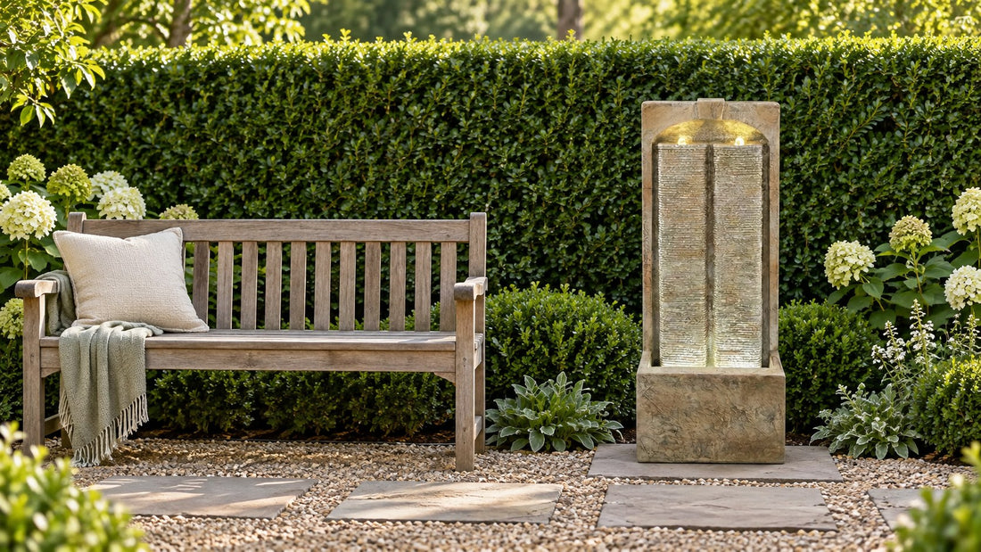 Sandstone waterfall fountain backed by a clipped hedge, facing a wooden garden bench across a gravel path
