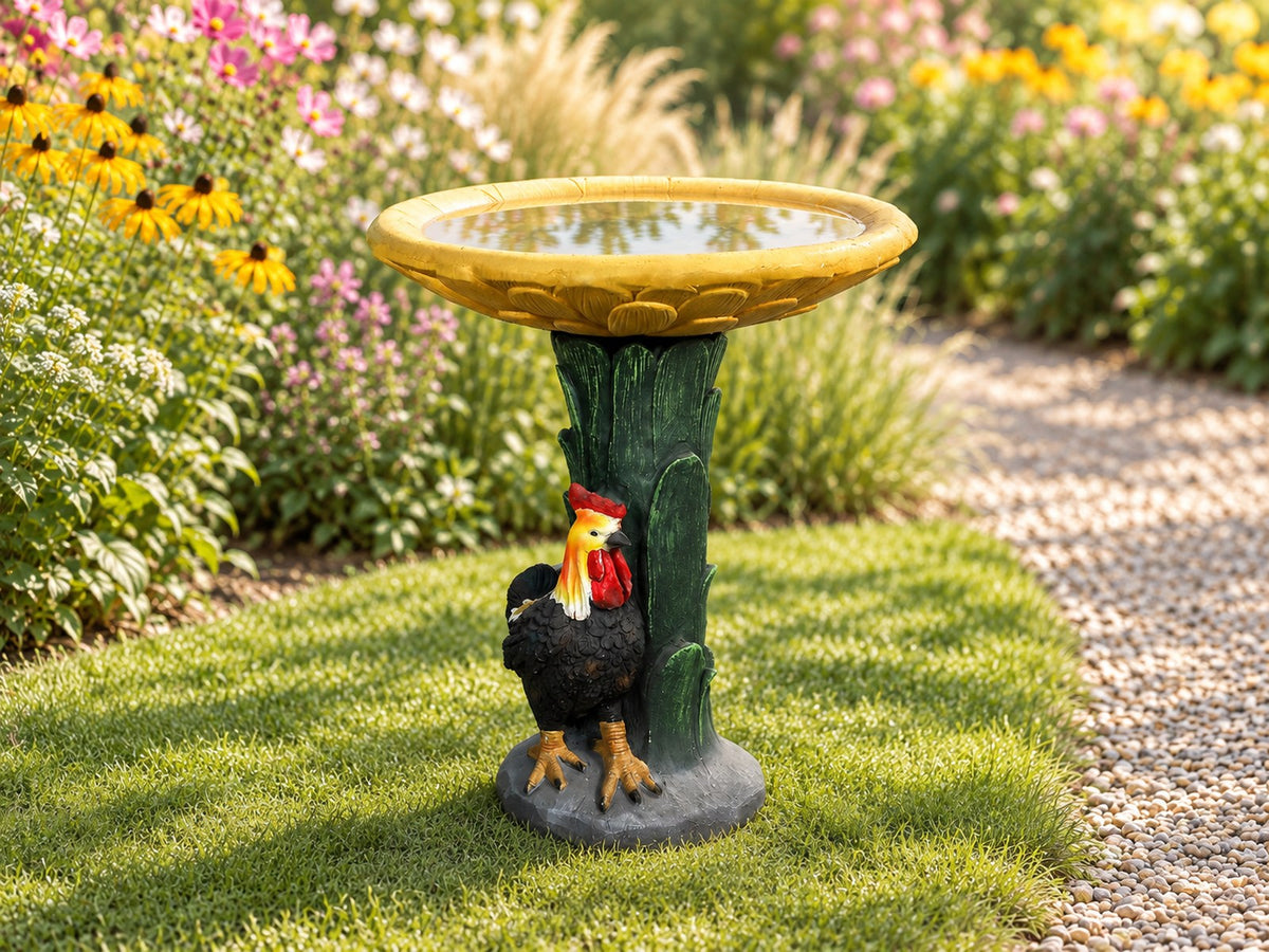 Sunflower and rooster concrete bird bath on a lawn beside a cottage flower border